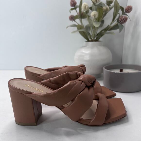 Stuart Weitzman Playa 75 Knot Leather Block Sandals Tan Women's US 5.5B Tried On - Picture 3 of 10